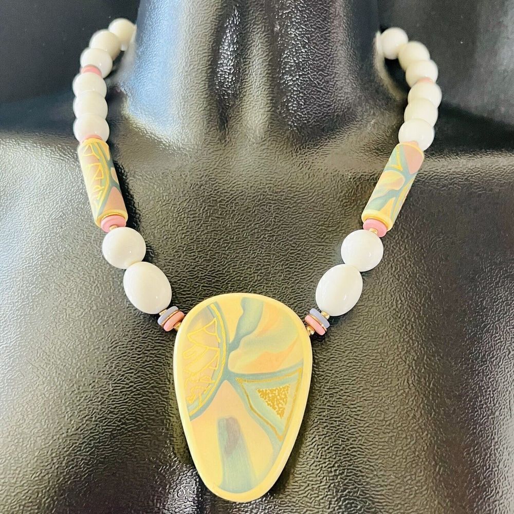 Vintage Enamel Porcelain White Watercolor Artsy Boho Necklace Japan Beaded White